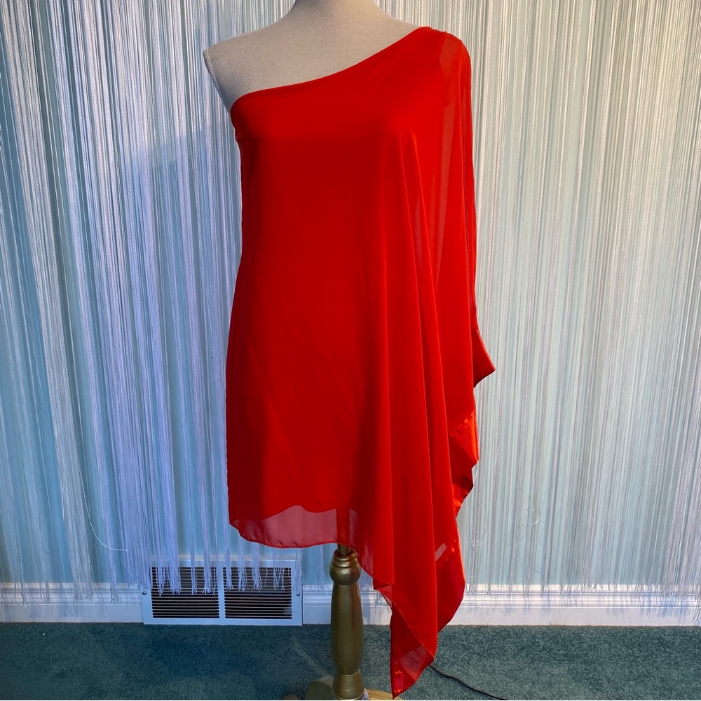 Red One Shoulder Sheer Drape Top - Picture 6 of 17